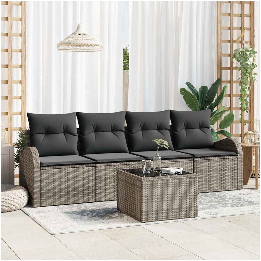 5-delad trädgårdsoffgrupp med kuddar Grå Poly Rattan vidaXL 55 x 55 x 37 cm