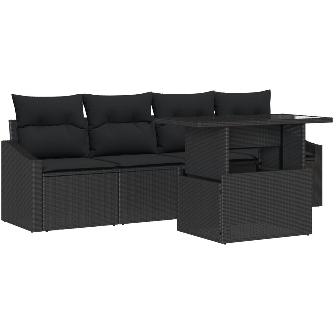 5-delad trädgårdsoffgrupp med kuddar svart poly rotting vidaXL 100 x 55 x 73 cm – bild 2