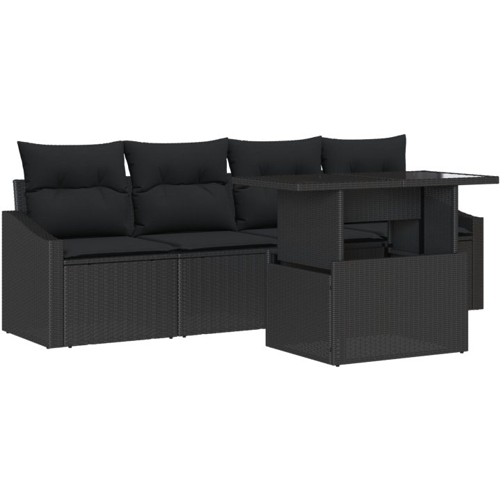 5-delad trädgårdsoffgrupp med kuddar svart poly rotting vidaXL 100 x 55 x 73 cm – bild 2