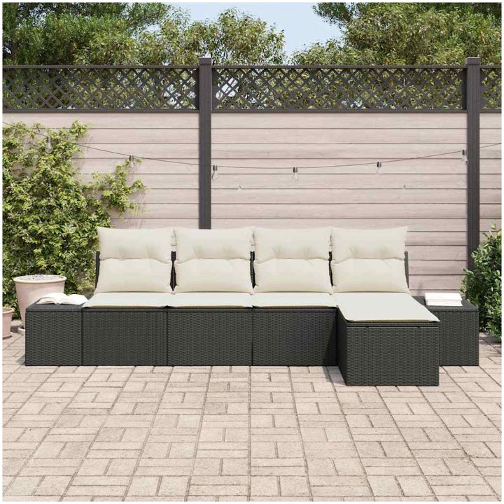 5-delad trädgårdsoffgrupp med kuddar svart polyrotting vidaXL 294 x 117 x 85 cm – bild 3