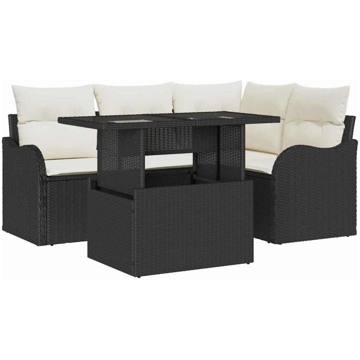 5-delad Trädgårdsoffor Set med Kuddar Svart Poly Rattan vidaXL Medium – bild 2