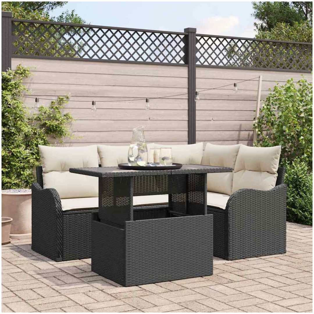 5-delad Trädgårdsoffor Set med Kuddar Svart Poly Rattan vidaXL Medium