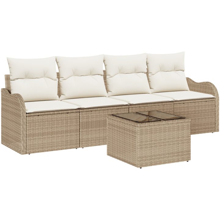5-delad trädgårdsoffset med kuddar beige poly rattan vidaXL Standard – bild 2
