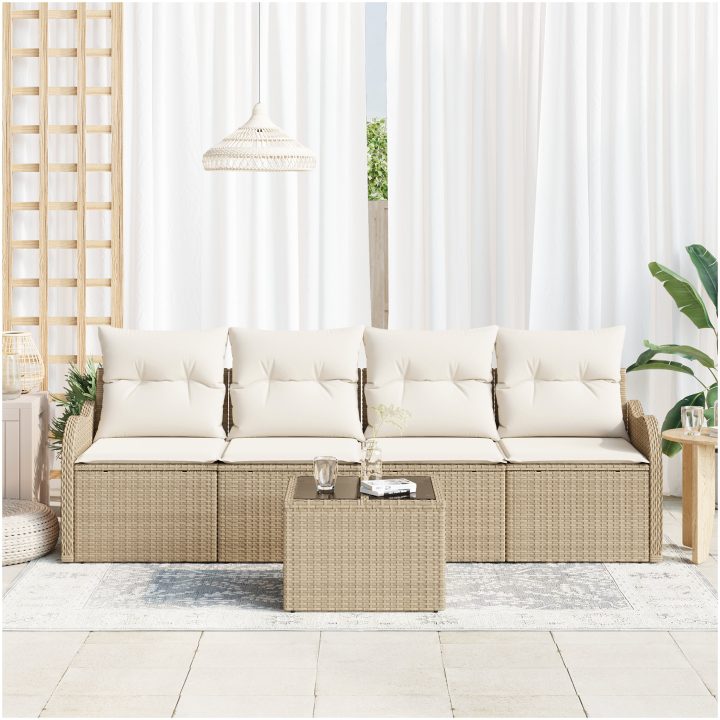 5-delad trädgårdsoffset med kuddar beige poly rattan vidaXL Standard – bild 3