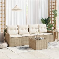 5-delad trädgårdsoffset med kuddar beige poly rattan vidaXL