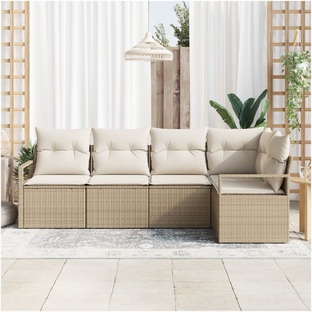 5-delad trädgårdssoffa med kuddar beige poly rotting vidaXL Stor – bild 3