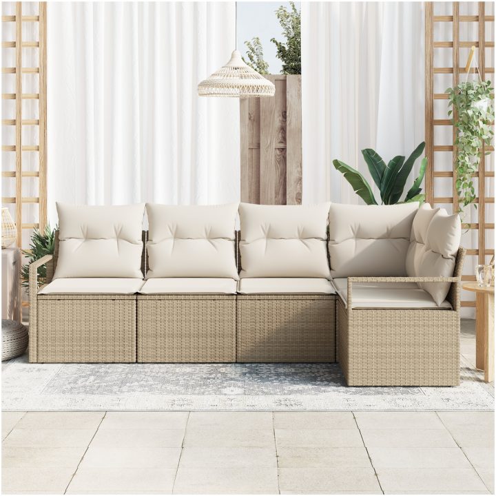 5-delad trädgårdssoffa med kuddar beige poly rotting vidaXL Stor – bild 3