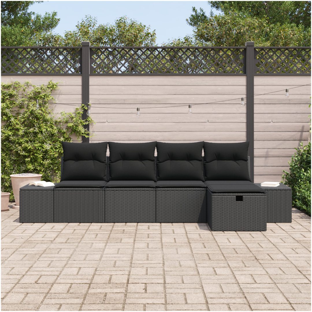 5-delad trädgårdssoffa med kuddar i svart polyrotting vidaXL 239 x 117 x 85 cm – bild 3