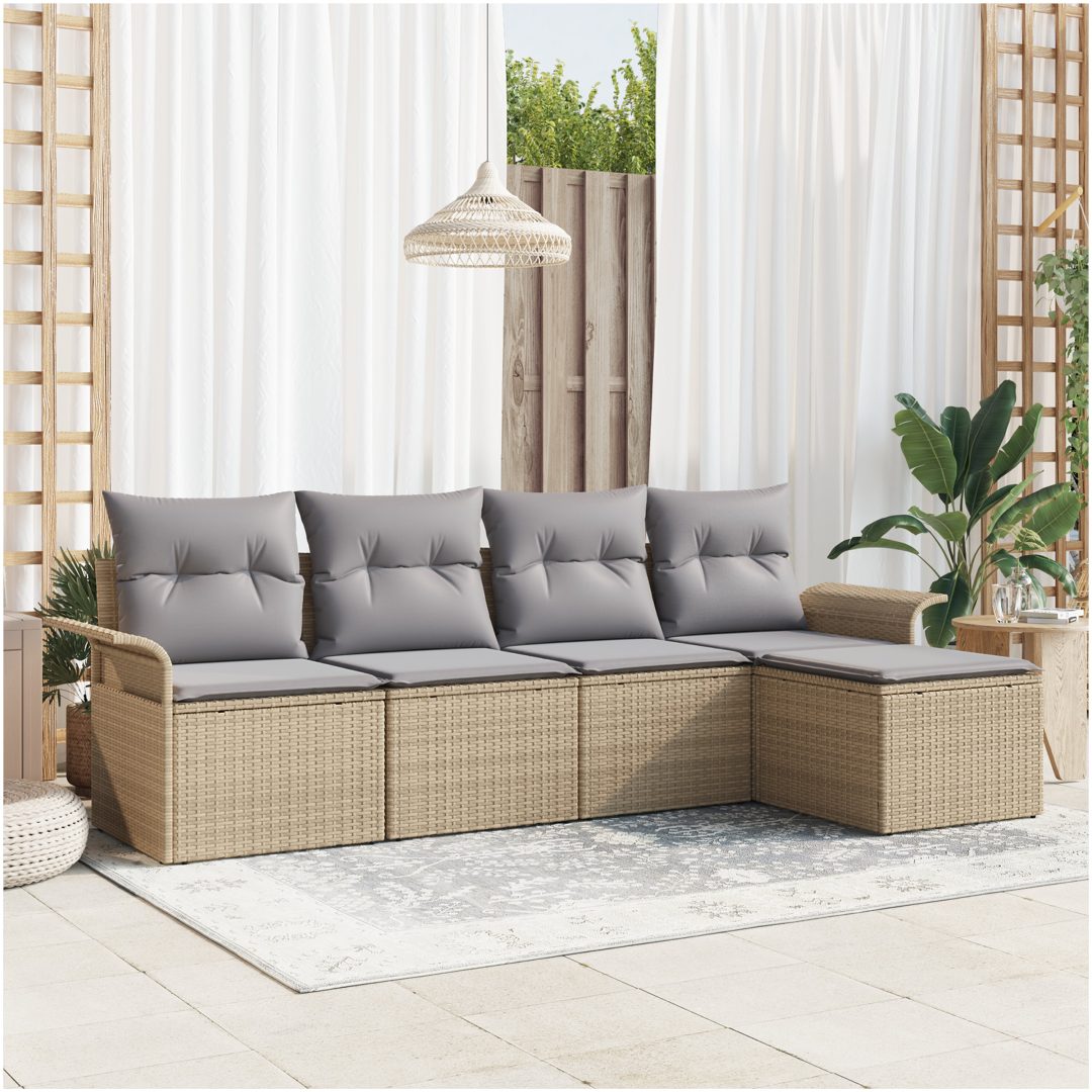 5-delad trädgårdssoffgrupp med kuddar i beige poly rattan vidaXL Stor