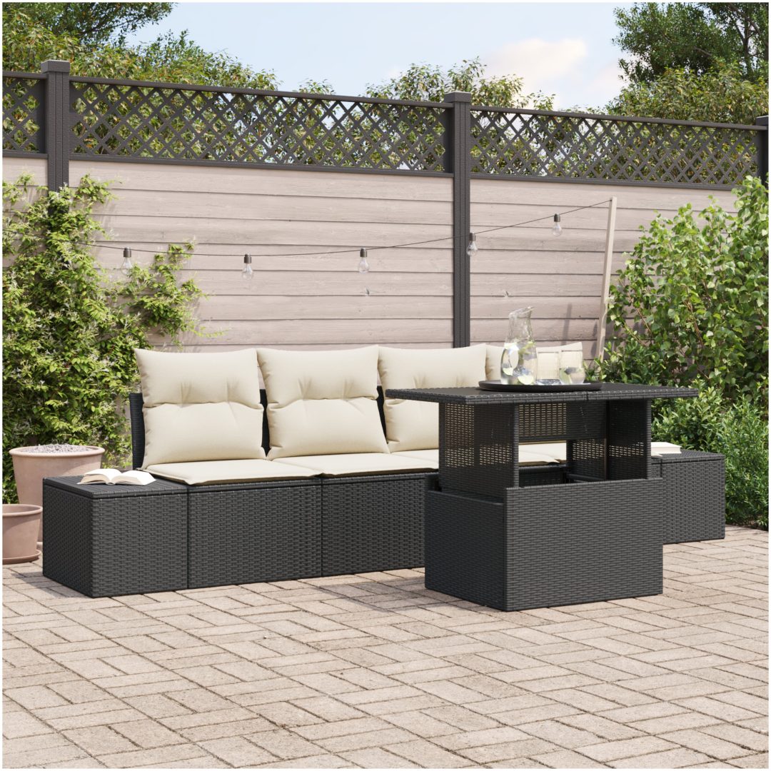 5-delad trädgårdssoffgrupp med kuddar svart poly-konstrotting vidaXL 100 x 55 x 73 cm