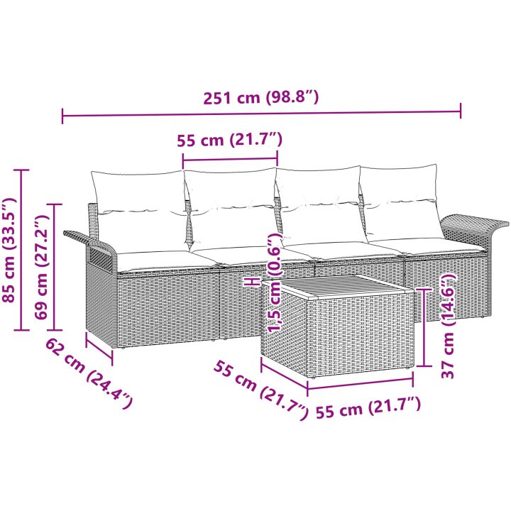 5-delad trädgårdssoffset med kuddar Svart Poly Rattan Akacia vidaXL Standard – bild 8