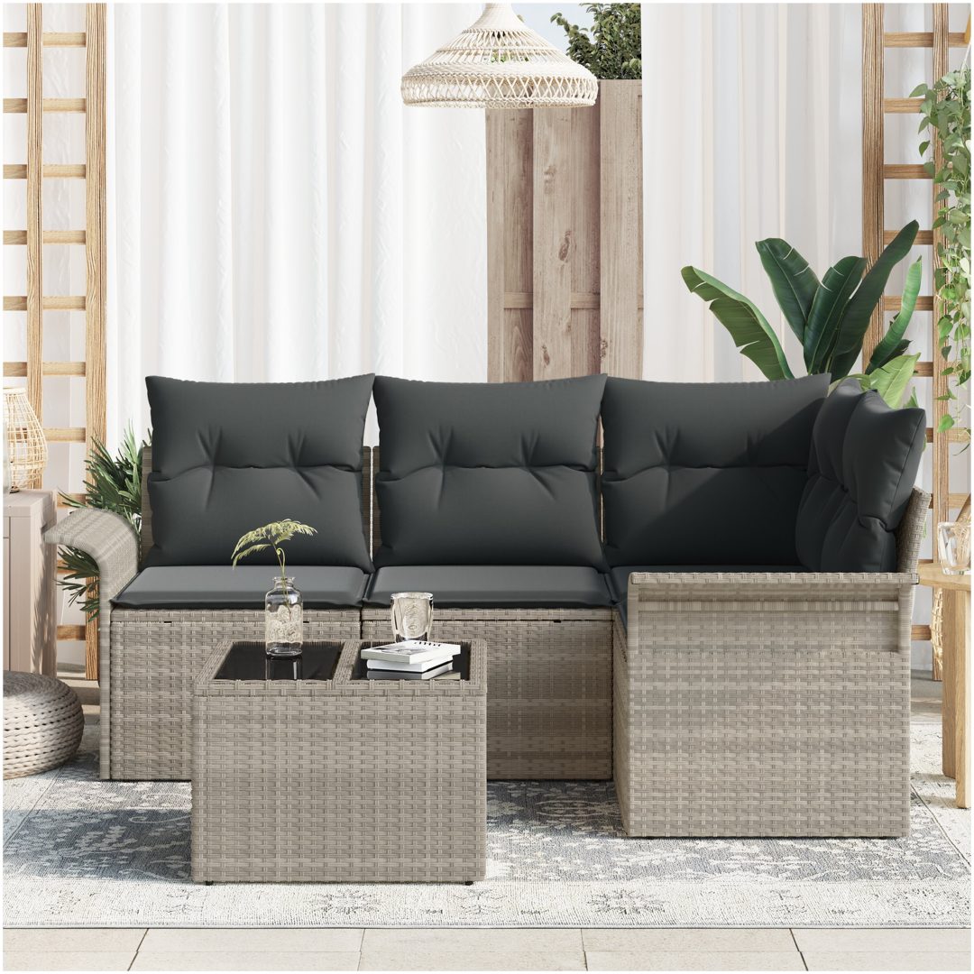 5-delade trädgårdsoffaset med kuddar grå poly rattan vidaXL Stor – bild 3