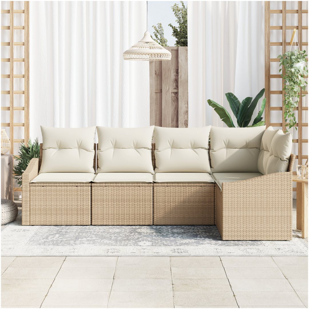 5-delade trädgårdsoffasett med kuddar Beige Poly-Rotting vidaXL 233.5 x 123.5 x 85 cm – bild 3