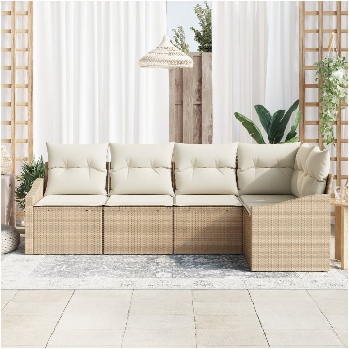 5-delade trädgårdsoffasett med kuddar Beige Poly-Rotting vidaXL 233.5 x 123.5 x 85 cm – bild 3