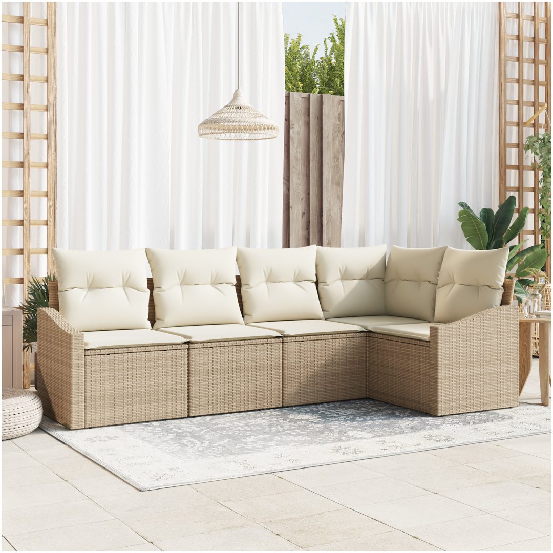 5-delade trädgårdsoffasett med kuddar Beige Poly-Rotting vidaXL 233.5 x 123.5 x 85 cm