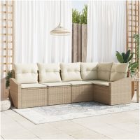 5-delade trädgårdsoffasett med kuddar Beige Poly-Rotting vidaXL