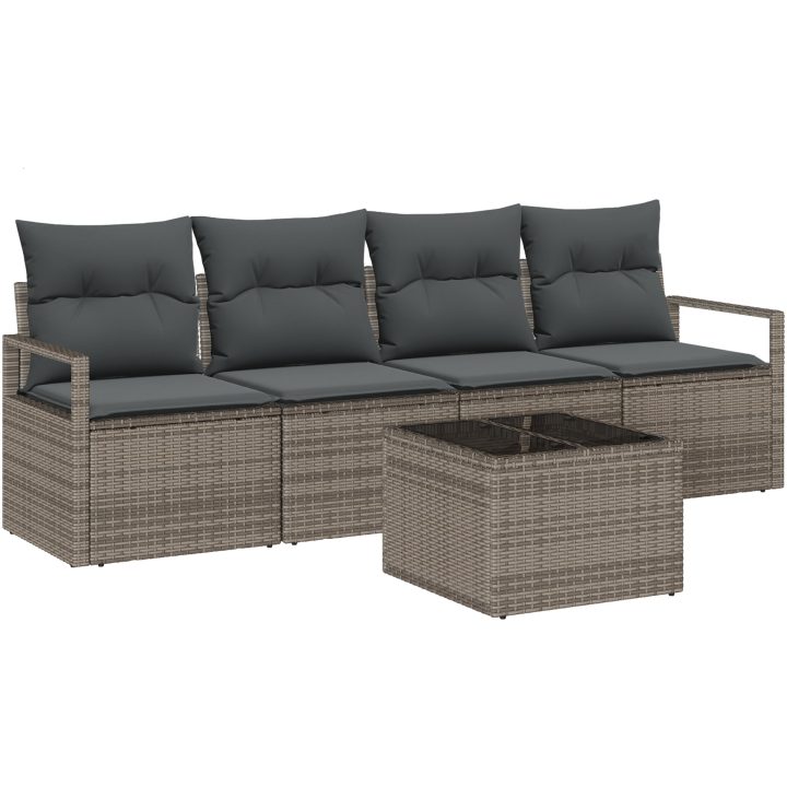 5-delade trädgårdsoffor-set med kuddar grå polyrotting vidaXL 4 - Sits – bild 2
