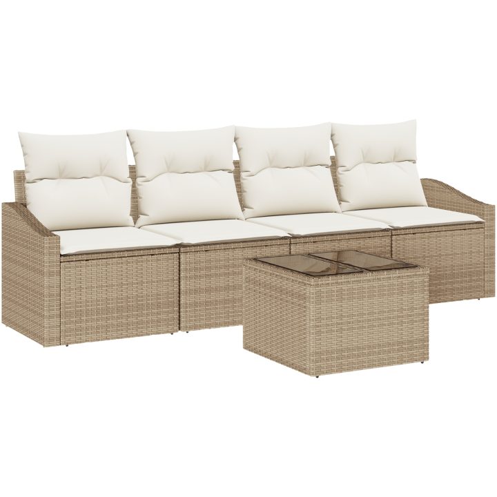 5-delade trädgårdsoffset med kuddar beige poly rattan vidaXL 55 x 55 x 37 cm – bild 2