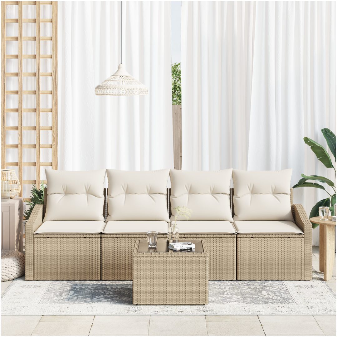 5-delade trädgårdsoffset med kuddar beige poly rattan vidaXL 55 x 55 x 37 cm – bild 3