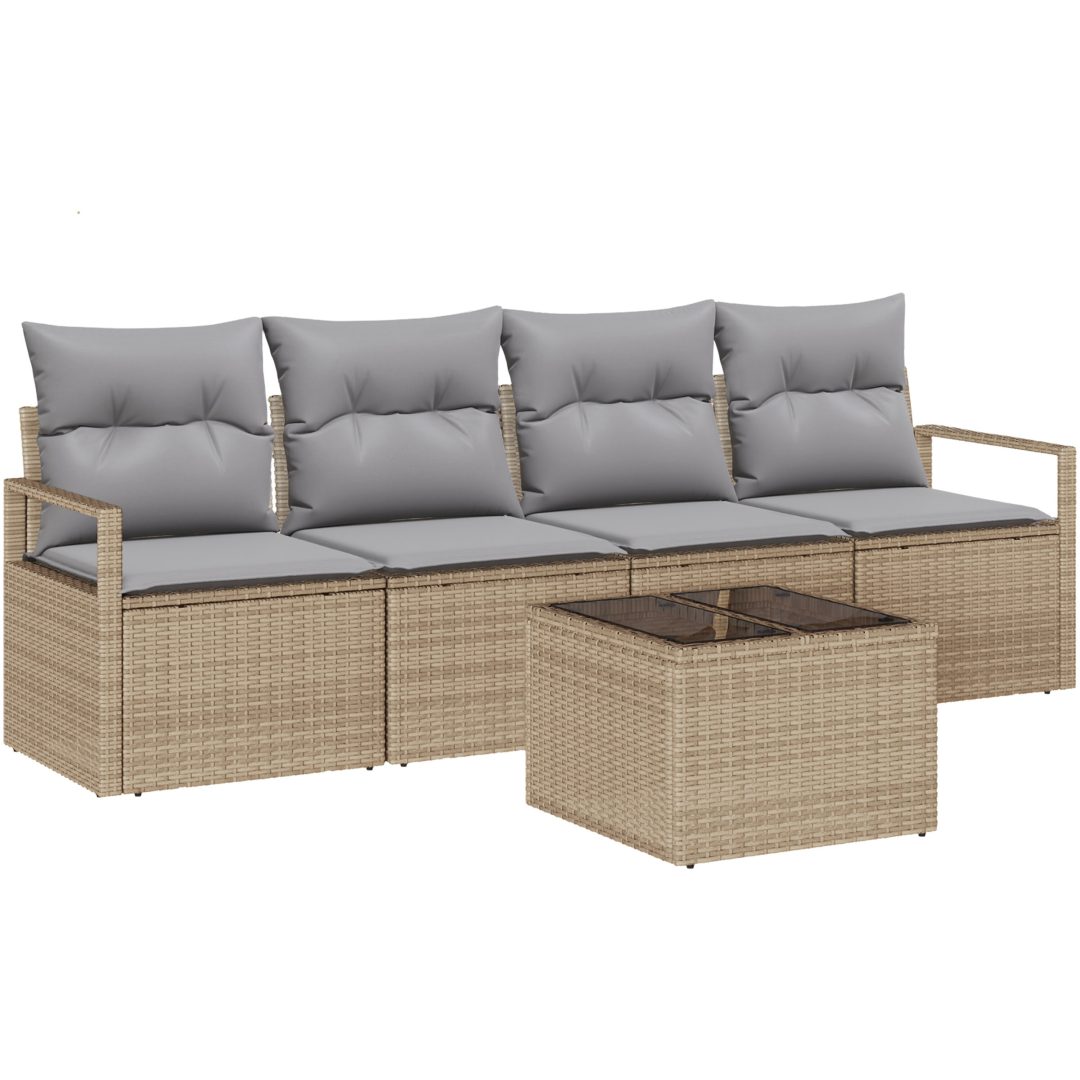 5-delade trädgårdsoffset med kuddar Beige polyrotting vidaXL Stor – bild 2