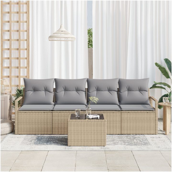 5-delade trädgårdsoffset med kuddar Beige polyrotting vidaXL Stor – bild 3