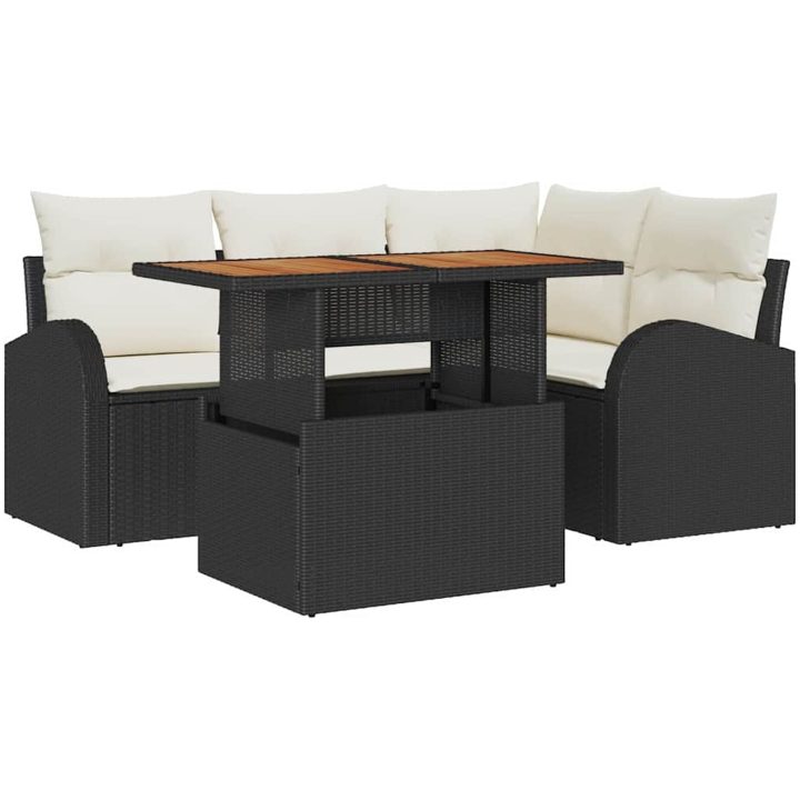 5 delar trädgårdsmatsalsset med kuddar Svart Poly Rattan Akacia vidaXL 100 x 55 x 73 cm – bild 2