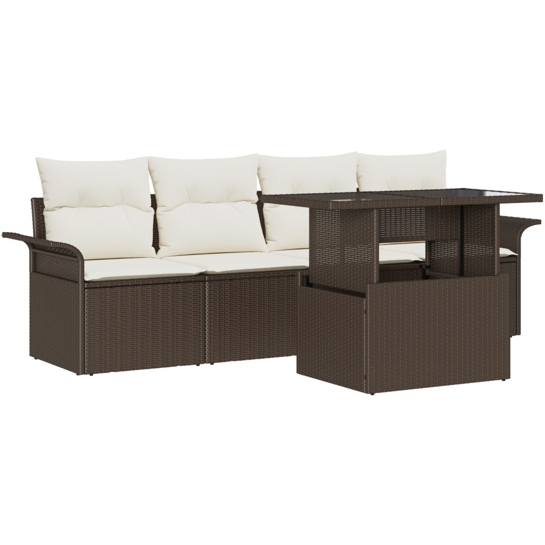 5 Delar Trädgårdsoff Set med Kuddar Brun Poly Rattan vidaXL Standard – bild 2