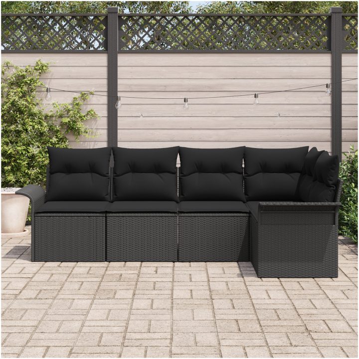 5 delar Trädgårdsoff Set med Kuddar - Svart Poly Rattan vidaXL 242.5 x 132.5 x 85 cm – bild 3