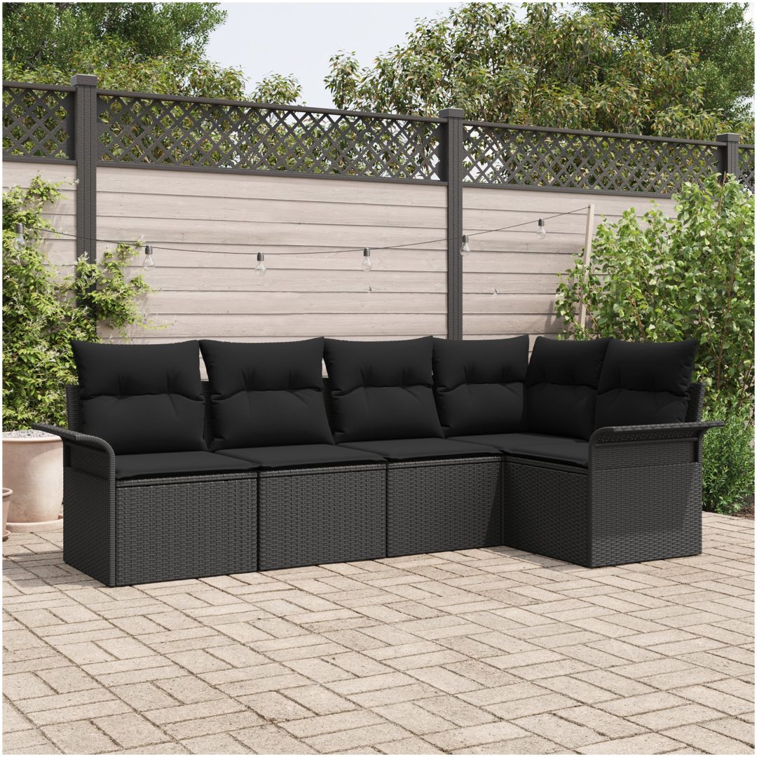 5 delar Trädgårdsoff Set med Kuddar - Svart Poly Rattan vidaXL 242.5 x 132.5 x 85 cm