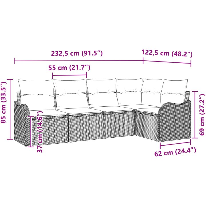 5 Delar Trädgårdsoffan med Kuddar Grå Poly Rotting vidaXL Större – bild 12