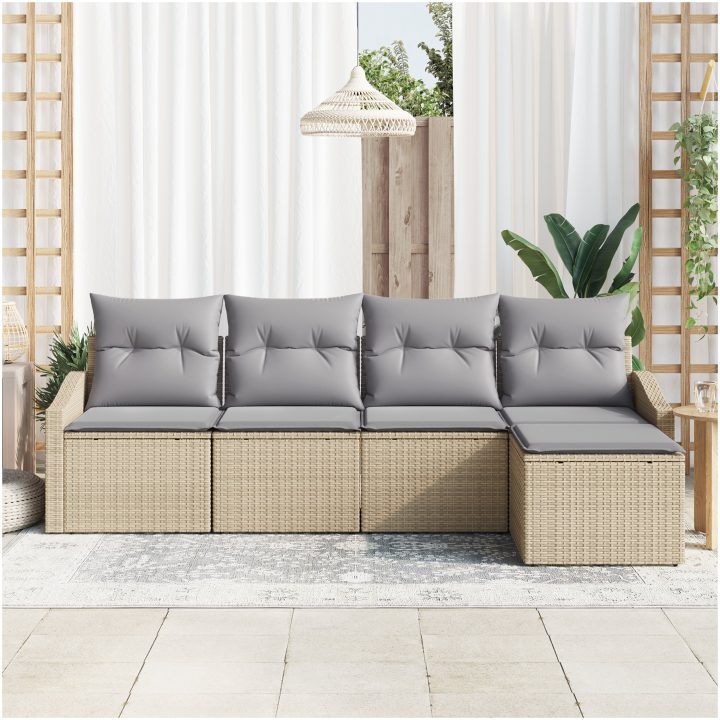 5 Delar Trädgårdsoffaset med Kuddar Beige Poly Rattan vidaXL 233 x 117 x 85 cm – bild 3