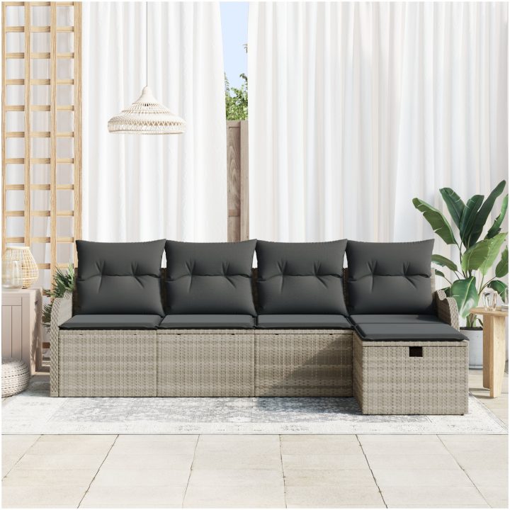 5 Delar Trädgårdssofa Set med Kuddar Ljusgrå Poly Rattan vidaXL Stor – bild 3