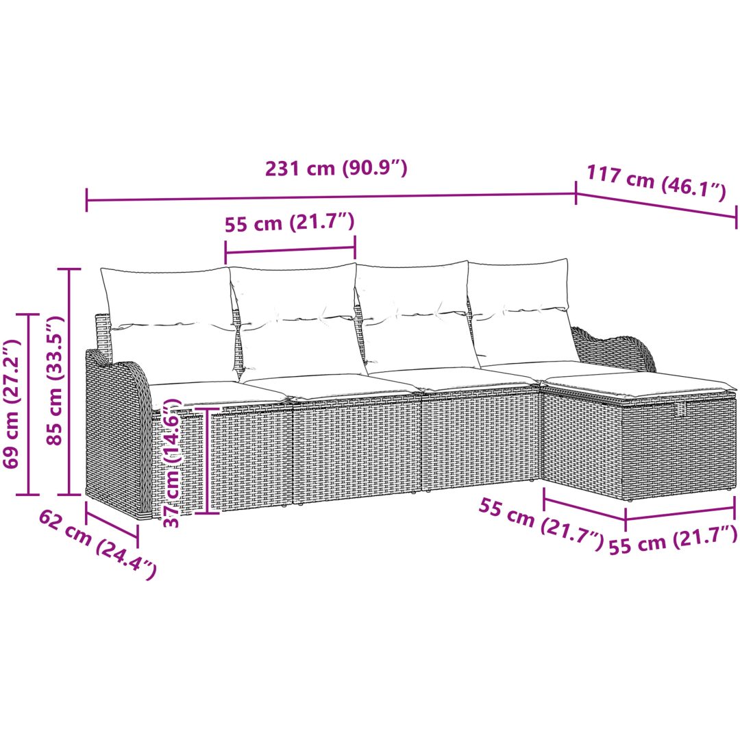 5 Delar Trädgårdssofa Set med Kuddar Ljusgrå Poly Rattan vidaXL Stor – bild 9