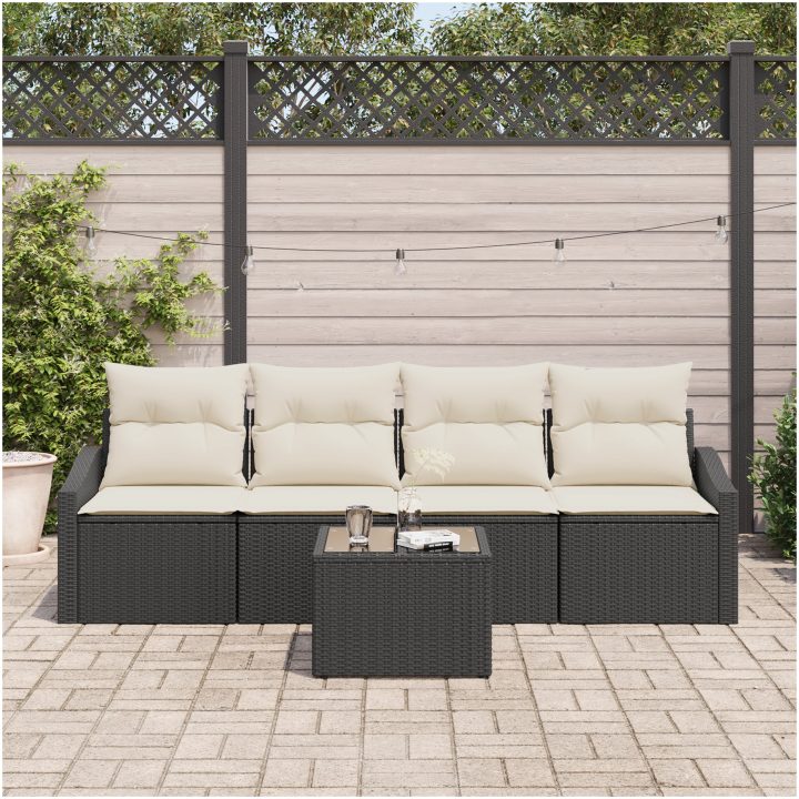 5 Delar Trädgårdssoffa Set med Kuddar Svart Poly Rattan vidaXL 55 x 55 x 37 cm – bild 3
