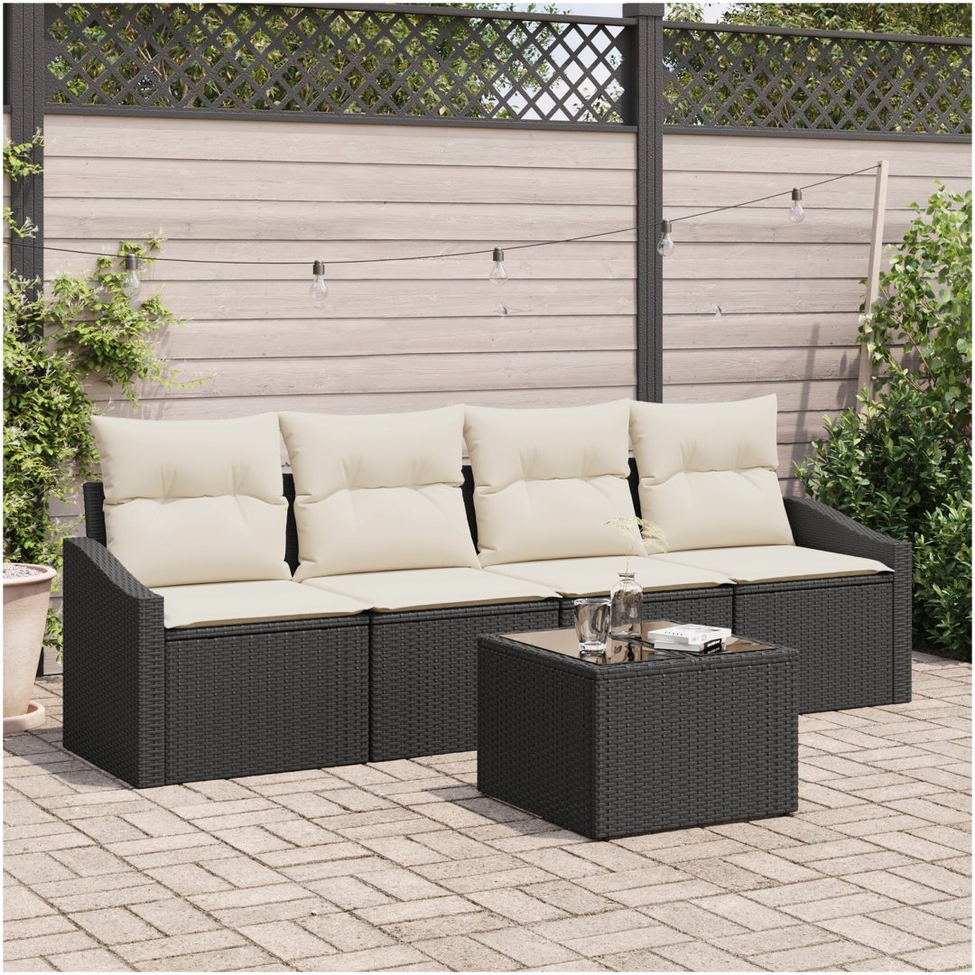 5 Delar Trädgårdssoffa Set med Kuddar Svart Poly Rattan vidaXL 55 x 55 x 37 cm