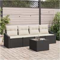 5 Delar Trädgårdssoffa Set med Kuddar Svart Poly Rattan vidaXL