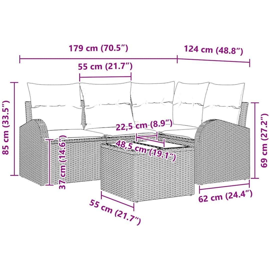5 Delar Trädgårdssoffset Med Kuddar Beige Poly Rattan vidaXL 55 x 55 x 37 cm – bild 9