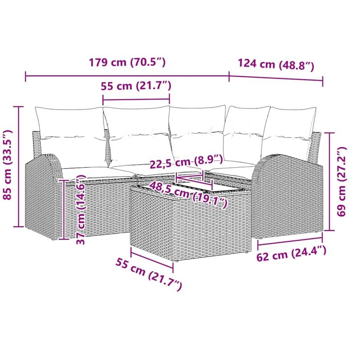 5 Delar Trädgårdssoffset Med Kuddar Beige Poly Rattan vidaXL 55 x 55 x 37 cm – bild 9