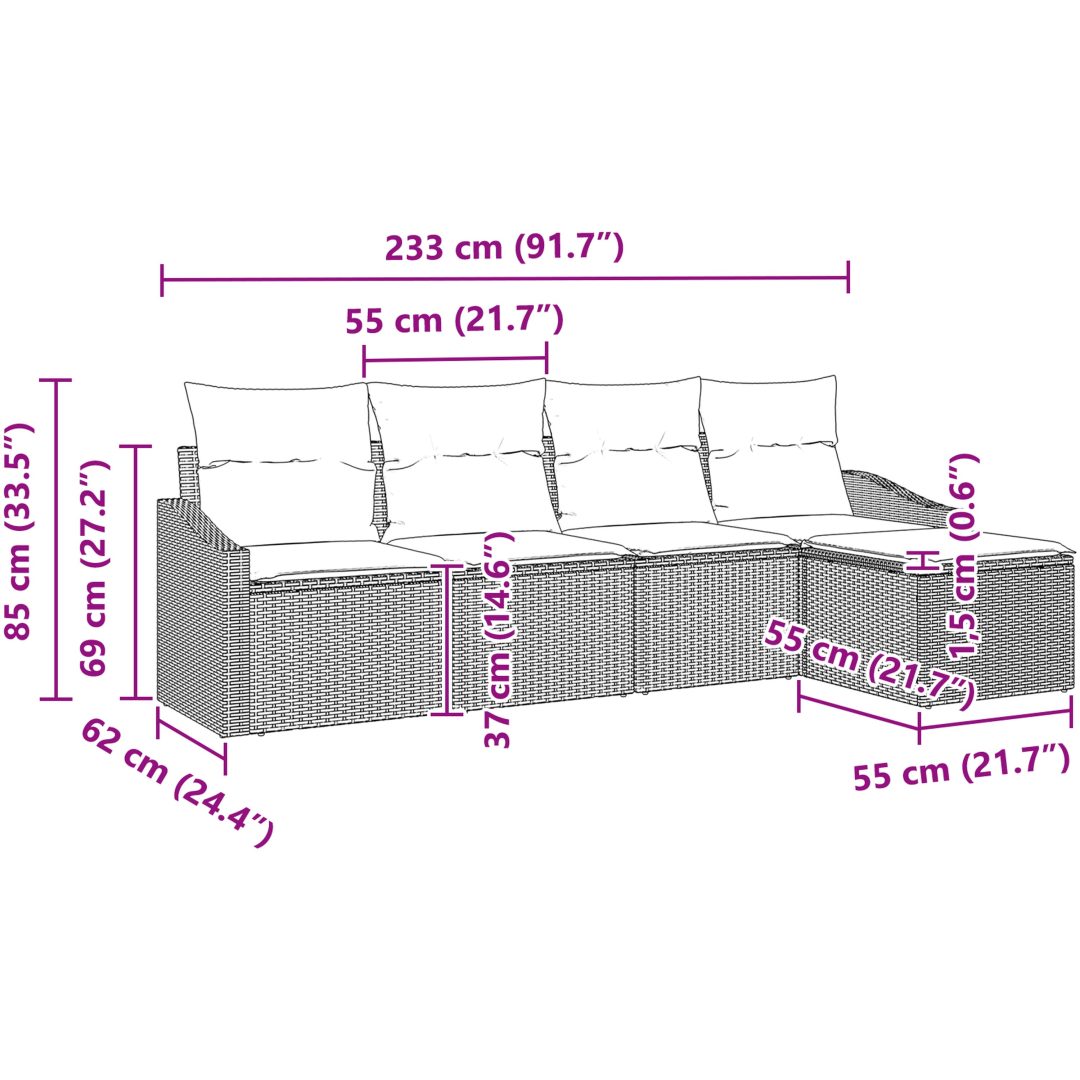 5 Delar Trädgårdssoffset med Kuddar Grå Poly Rottning vidaXL 233 x 117 x 85 cm – bild 8