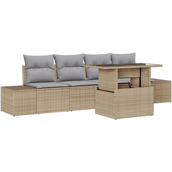 5-delars soffgrupp för trädgården med kuddar - Beige poly-rattan vidaXL 100 x 55 x 73 cm – bild 2
