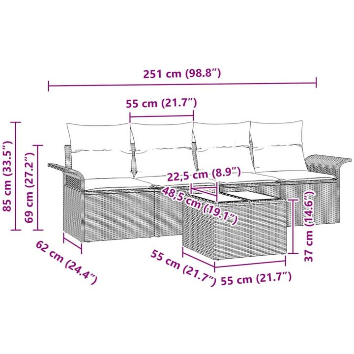 5-delars soffgrupp för trädgården med kuddar - Ljusgrå Poly Rattan vidaXL 55 x 55 x 37 cm – bild 11