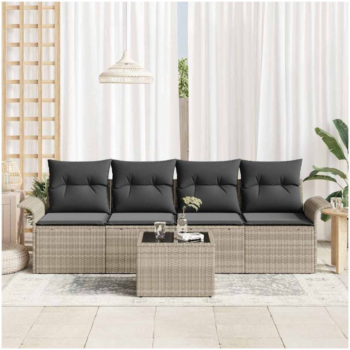 5-delars soffgrupp för trädgården med kuddar - Ljusgrå Poly Rattan vidaXL 55 x 55 x 37 cm – bild 3