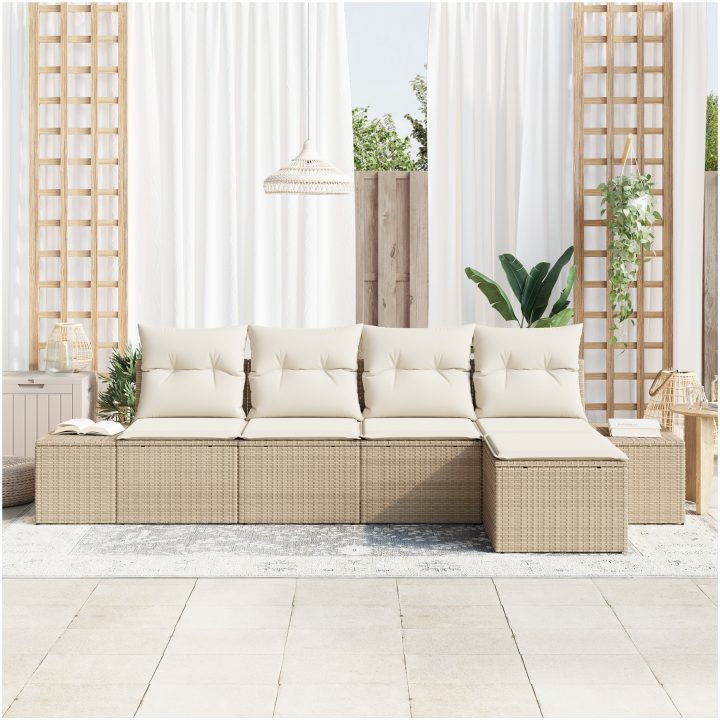 5-delars soffgrupp för utomhusbruk med kuddar i beige polyrotting vidaXL 294 x 117 x 85 cm – bild 3