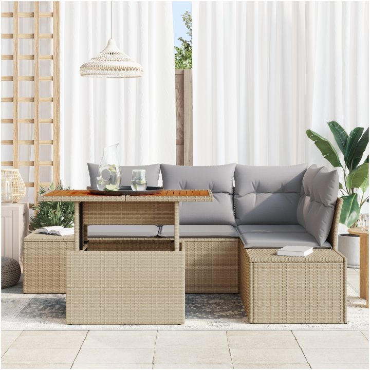 5-delars soffgrupp med kuddar i beige poly rattan vidaXL 100 x 55 x 73 cm – bild 3