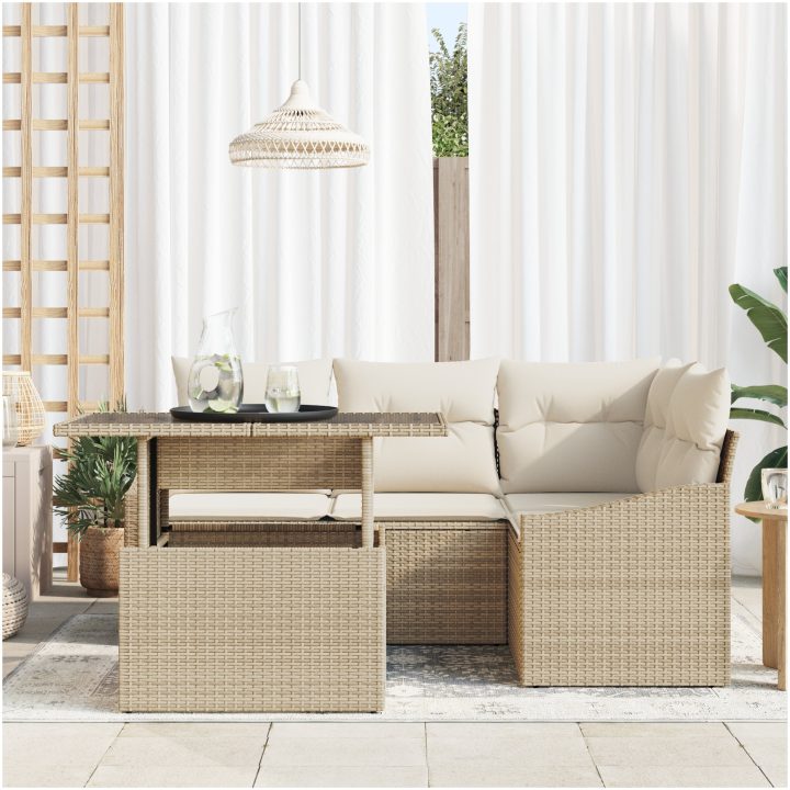 5-delars soffgrupp med kuddar i beige polyrotting vidaXL 100 x 55 x 73 cm – bild 3
