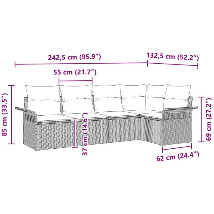 5-delars soffgrupp med kuddar i svart polyrotting vidaXL 242.5 x 132.5 x 85 cm – bild 11