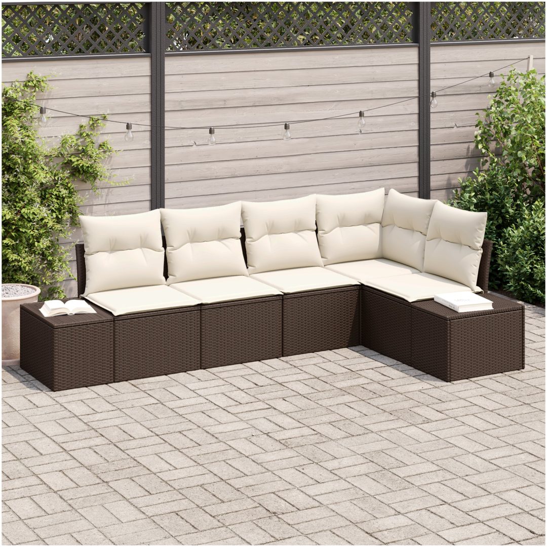 5 Delars Soffset med Bruna Kuddar i Poly Rattan vidaXL 264 x 154 x 85 cm