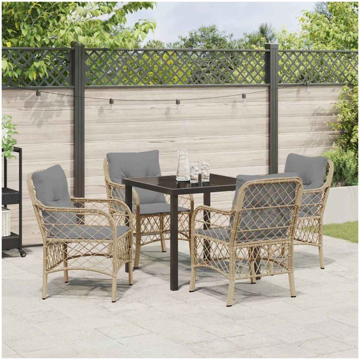 5-delars trädgårds matbordset med kuddar i beige av poly rattan vidaXL 80 x 80 x 73 cm – bild 4