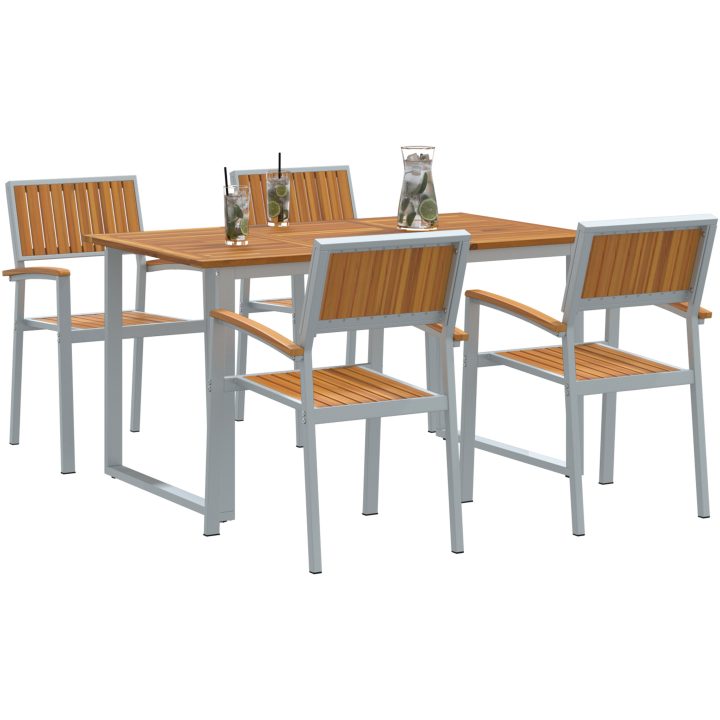 5 Delars Trädgårds Matgrupp Grå Stål och Massiv Akaciaträ vidaXL 140 x 80 x 75 cm – bild 3