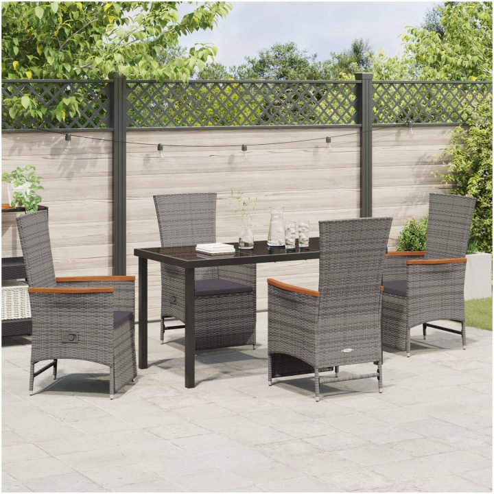 5-delars trädgårds matsalsset med kuddar - Grå poly rattan. vidaXL 140 x 70 x 73 cm – bild 4